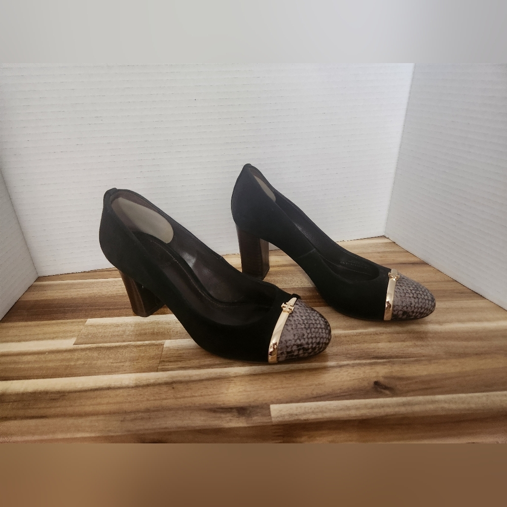 Tory Burch Black and Tan Heels with Gold Detail